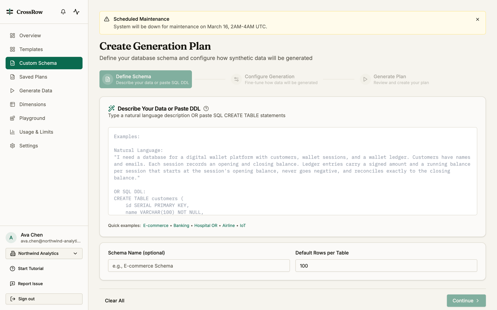 The Custom Schema page showing a wallet-ledger example description