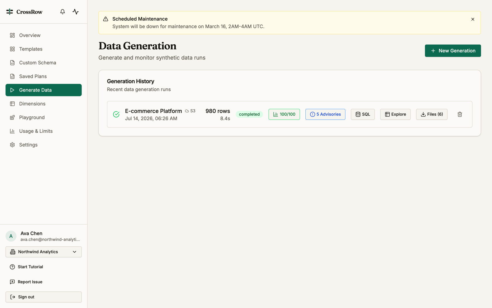The Data Generation page showing a completed E-commerce Platform run: 980 rows, completed, a 100/100 score button, advisories, and SQL, Explore, and Files actions