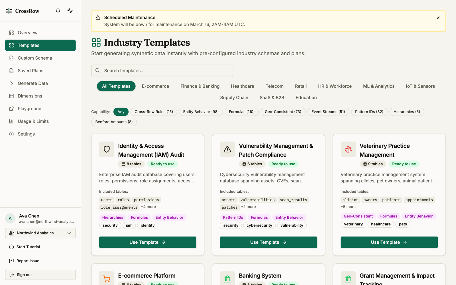 The Templates gallery with fraud, banking, and CRM templates